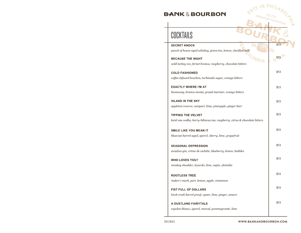 Bank and Bourbon Drinks Menu