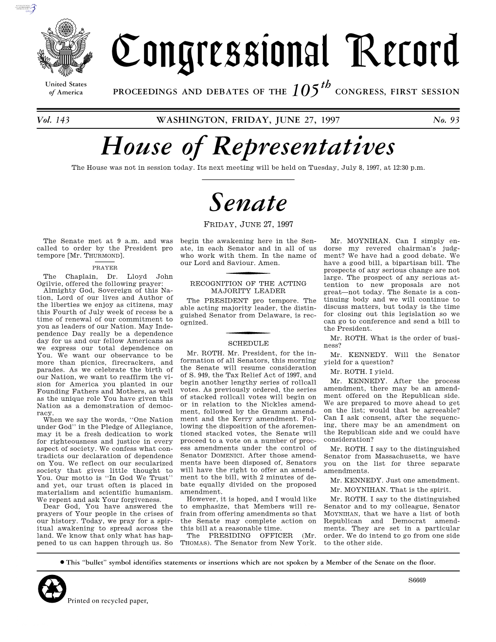 Congressional Record United States Th of America PROCEEDINGS and DEBATES of the 105 CONGRESS, FIRST SESSION