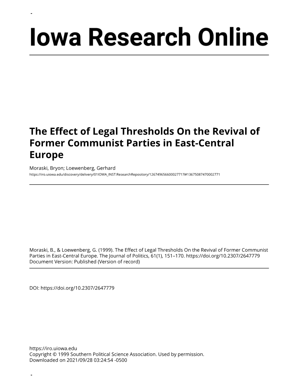 The Effect of Legal Thresholds on the Revival of Former Communist Parties in East-Central Europe