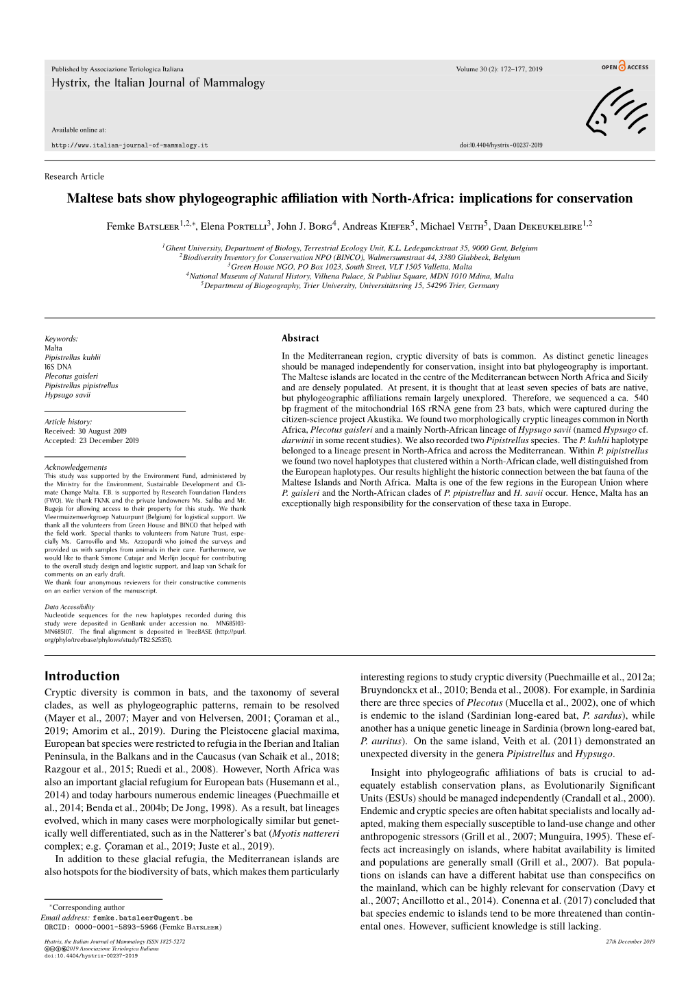 Maltese Bats Show Phylogeographic Affiliation with North