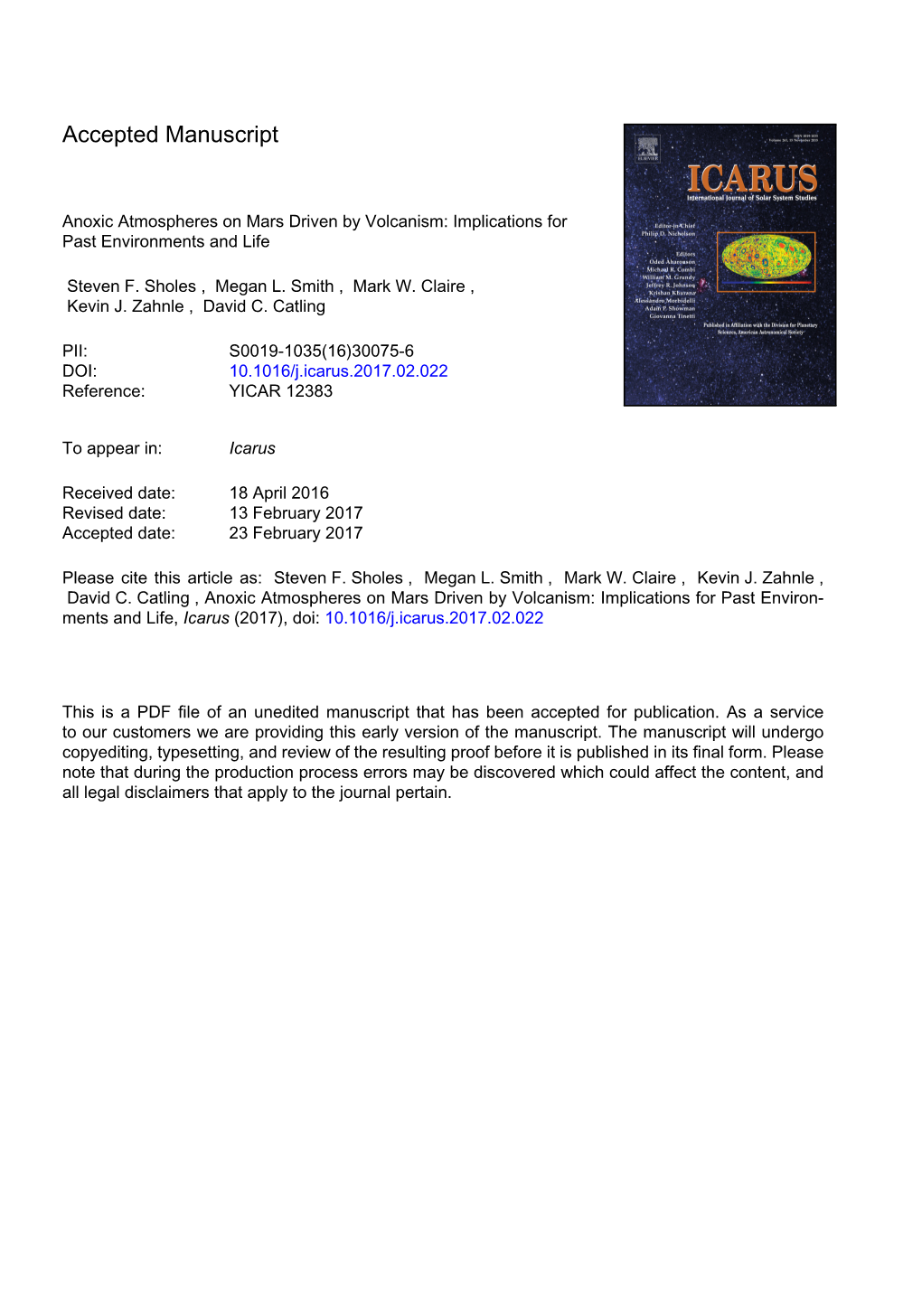 Anoxic Atmospheres on Mars Driven by Volcanism: Implications for Past Environments and Life