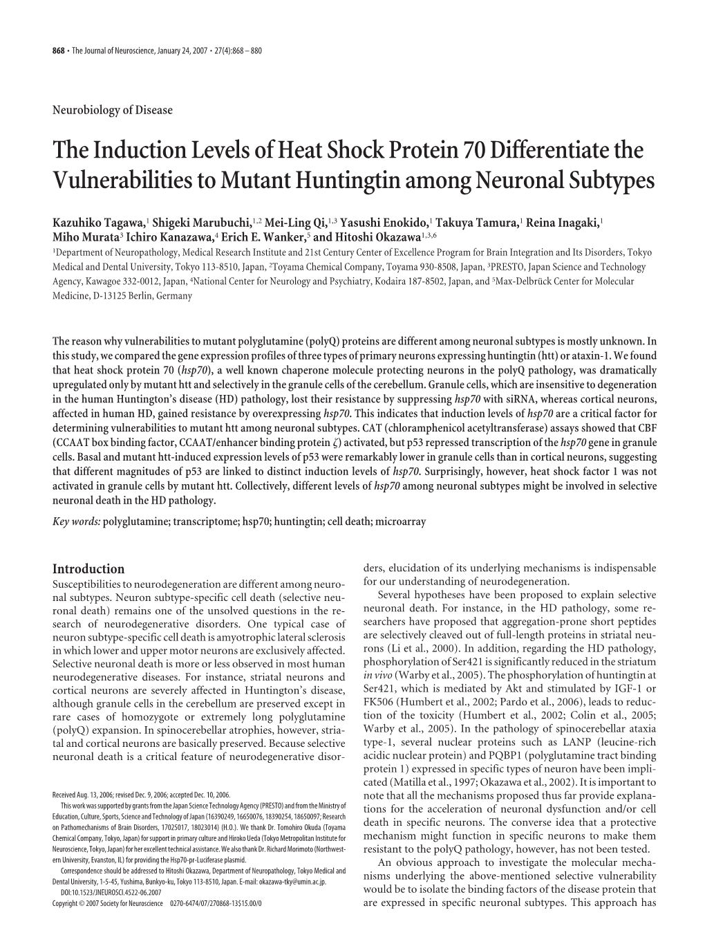 The Induction Levels of Heat Shock Protein 70 Differentiate the Vulnerabilities to Mutant Huntingtin Among Neuronal Subtypes