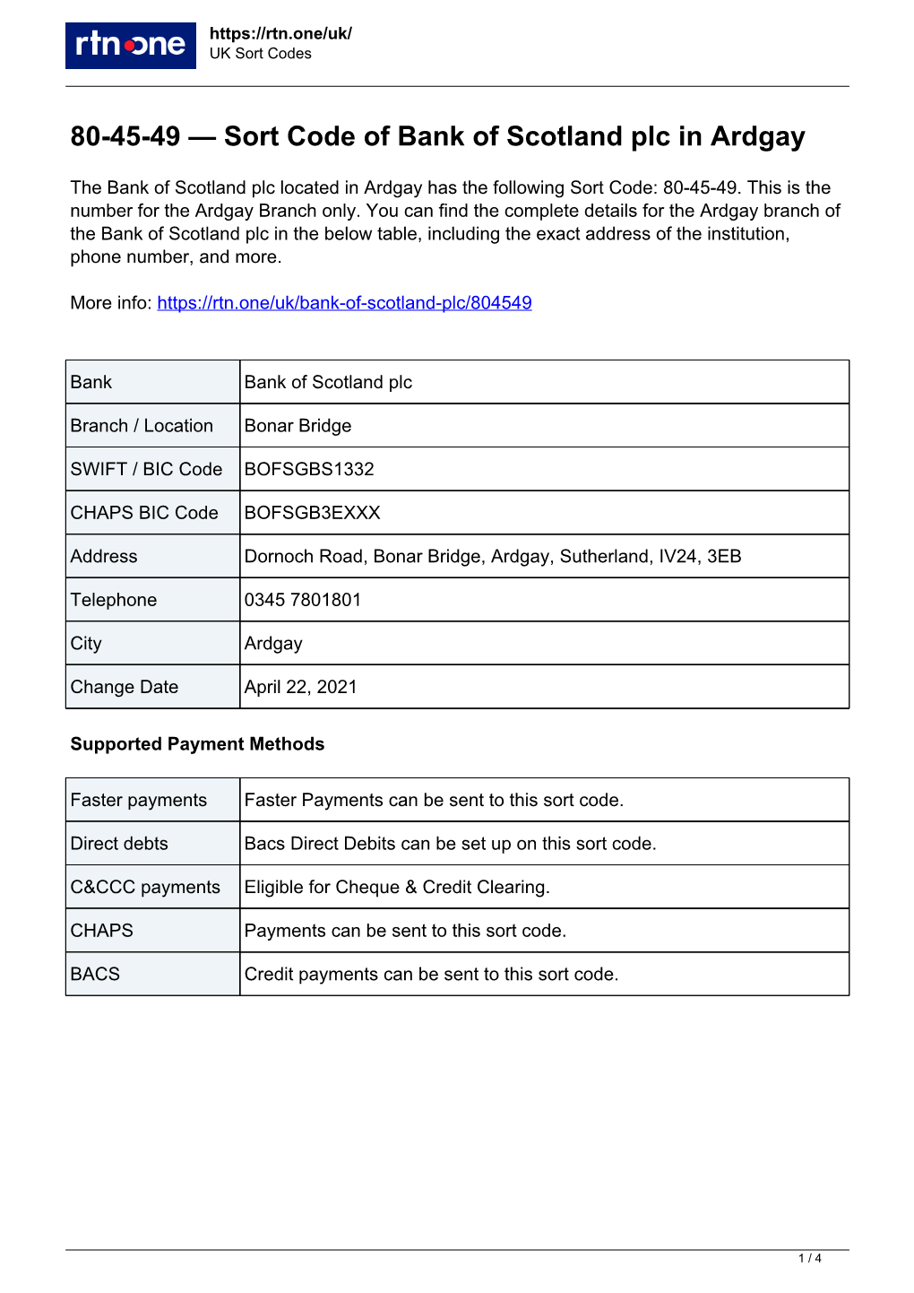 Sort Code 804549 of Bank of Scotland Plc in Ardgay