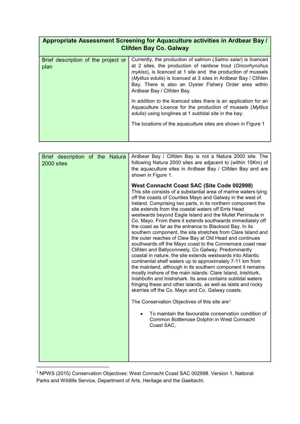 Appropriate Assessment Screening for Aquaculture Activities in Ardbear Bay / Clifden Bay Co