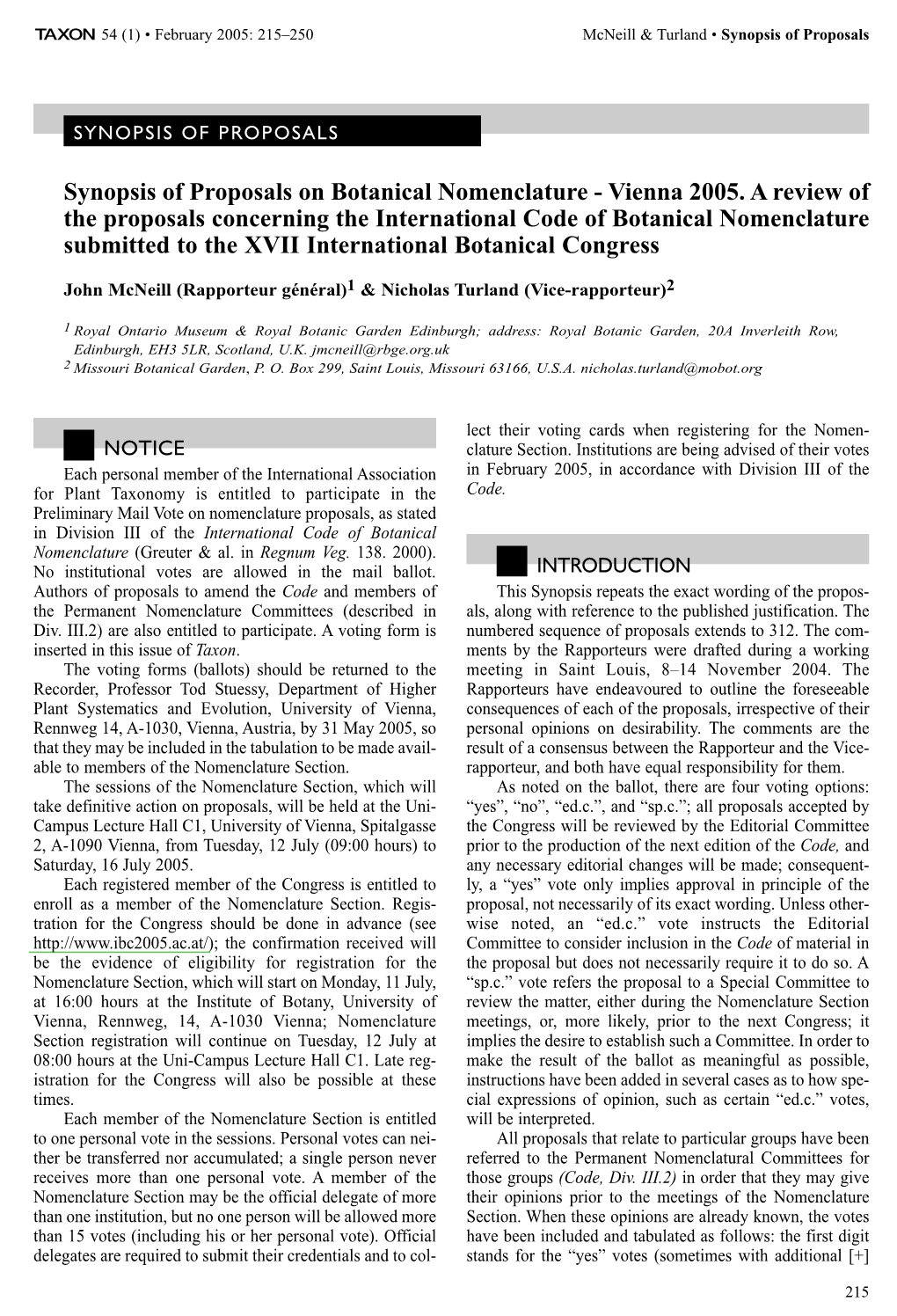 Synopsis of Proposals on Botanical Nomenclature - Vienna 2005