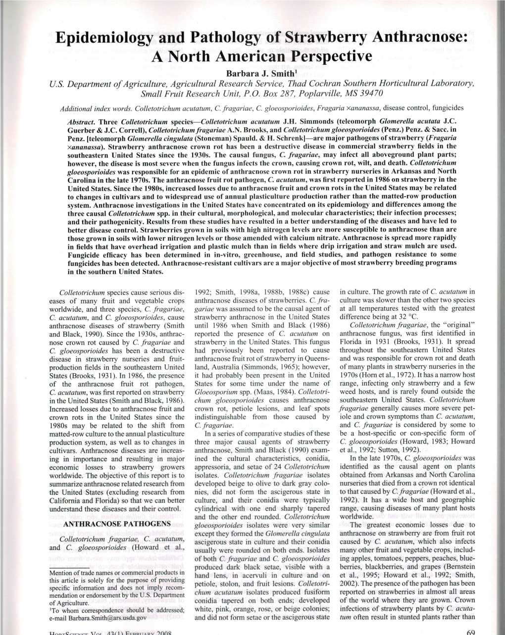 Epidemiology and Pathology of Strawberry Anthracnose: a North American Perspective Barbara J