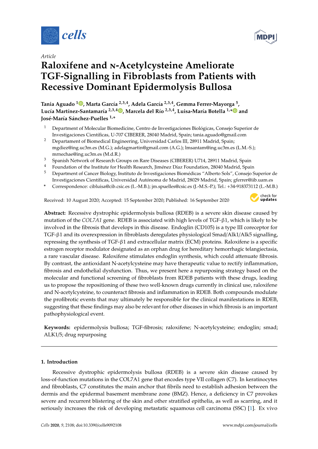 Raloxifene and N-Acetylcysteine Ameliorate TGF-Signalling in Fibroblasts from Patients with Recessive Dominant Epidermolysis Bullosa