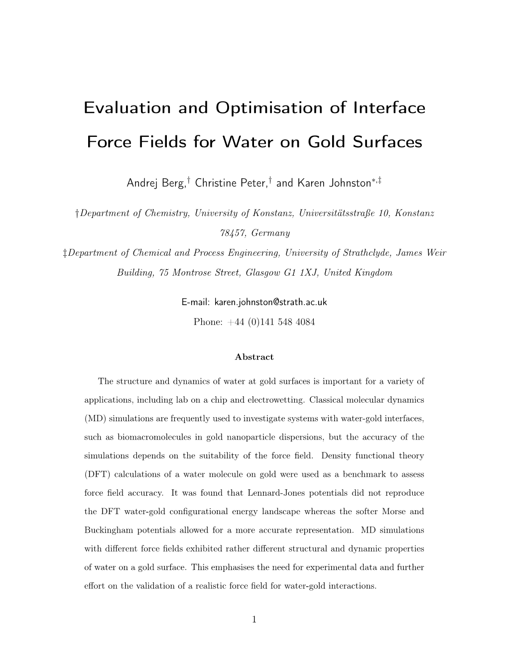 Evaluation and Optimisation of Interface Force Fields for Water on Gold Surfaces