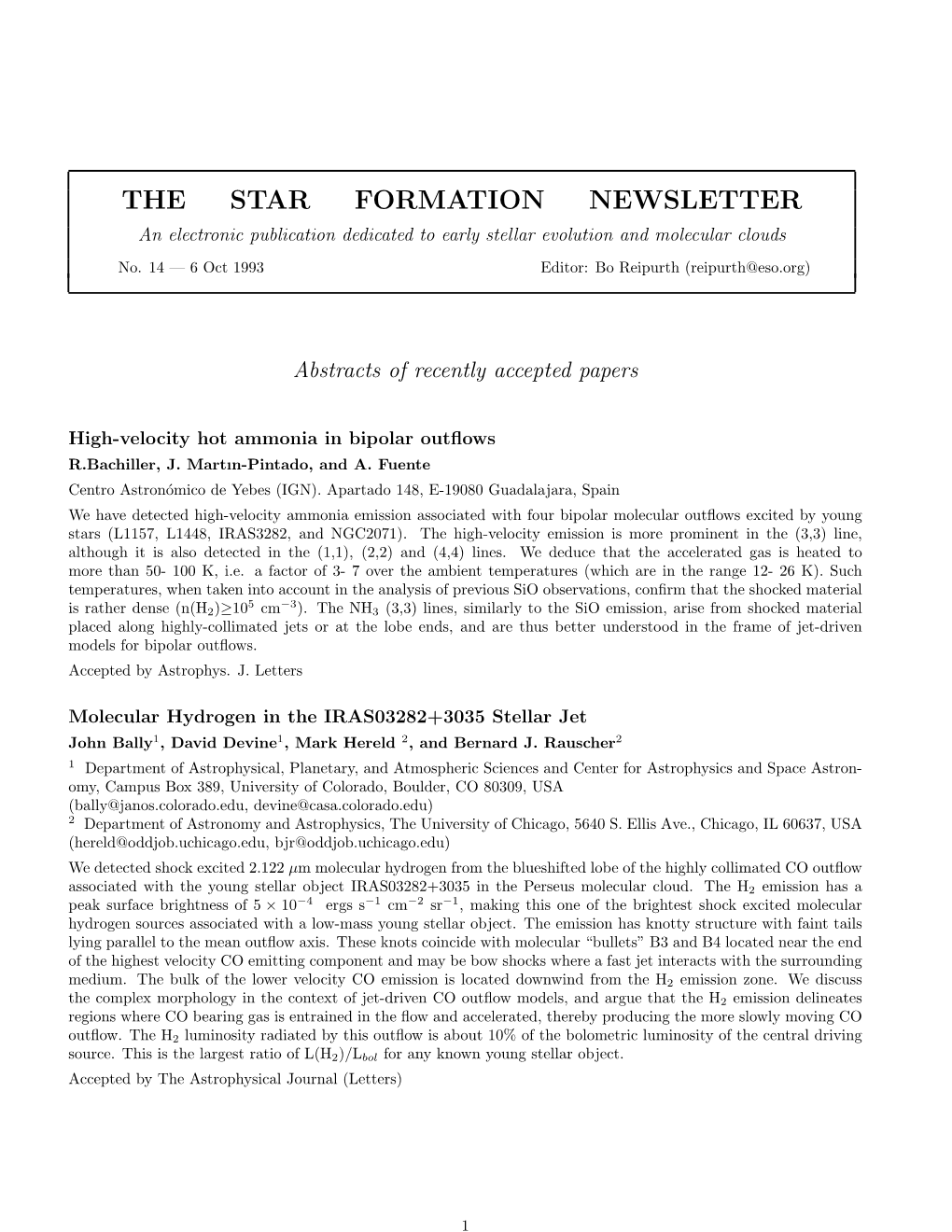 THE STAR FORMATION NEWSLETTER an Electronic Publication Dedicated to Early Stellar Evolution and Molecular Clouds