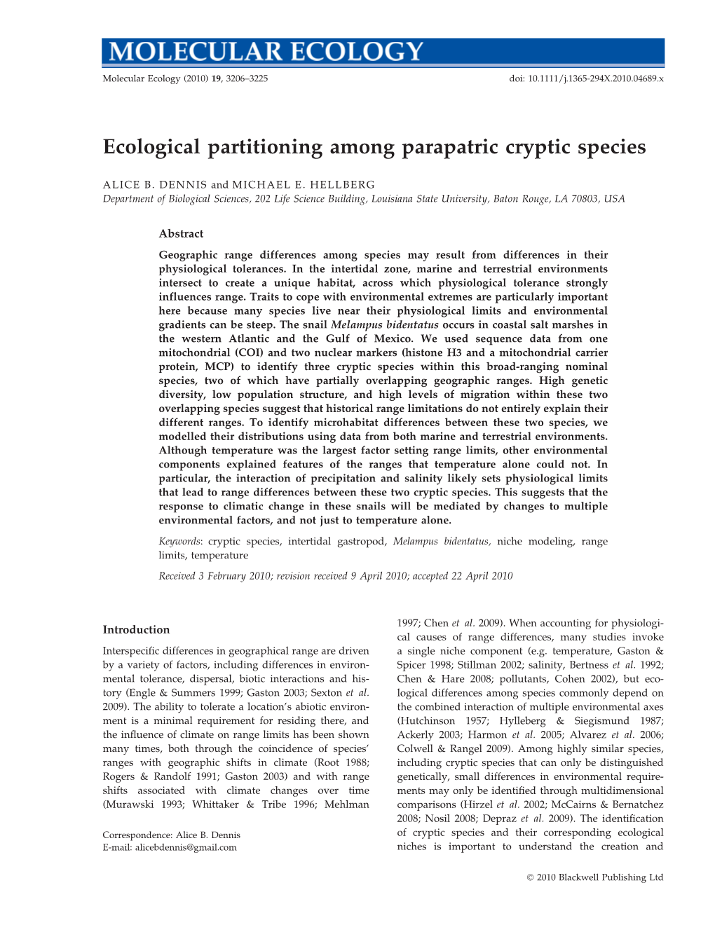 Ecological Partitioning Among Parapatric Cryptic Species