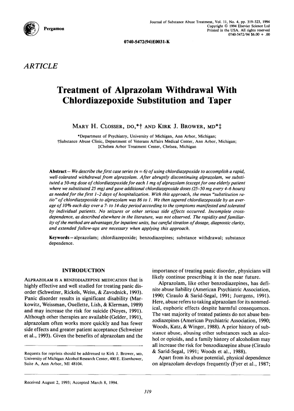 Treatment of Alprazolam Withdrawal with Chlordiazepoxide Substitution and Taper