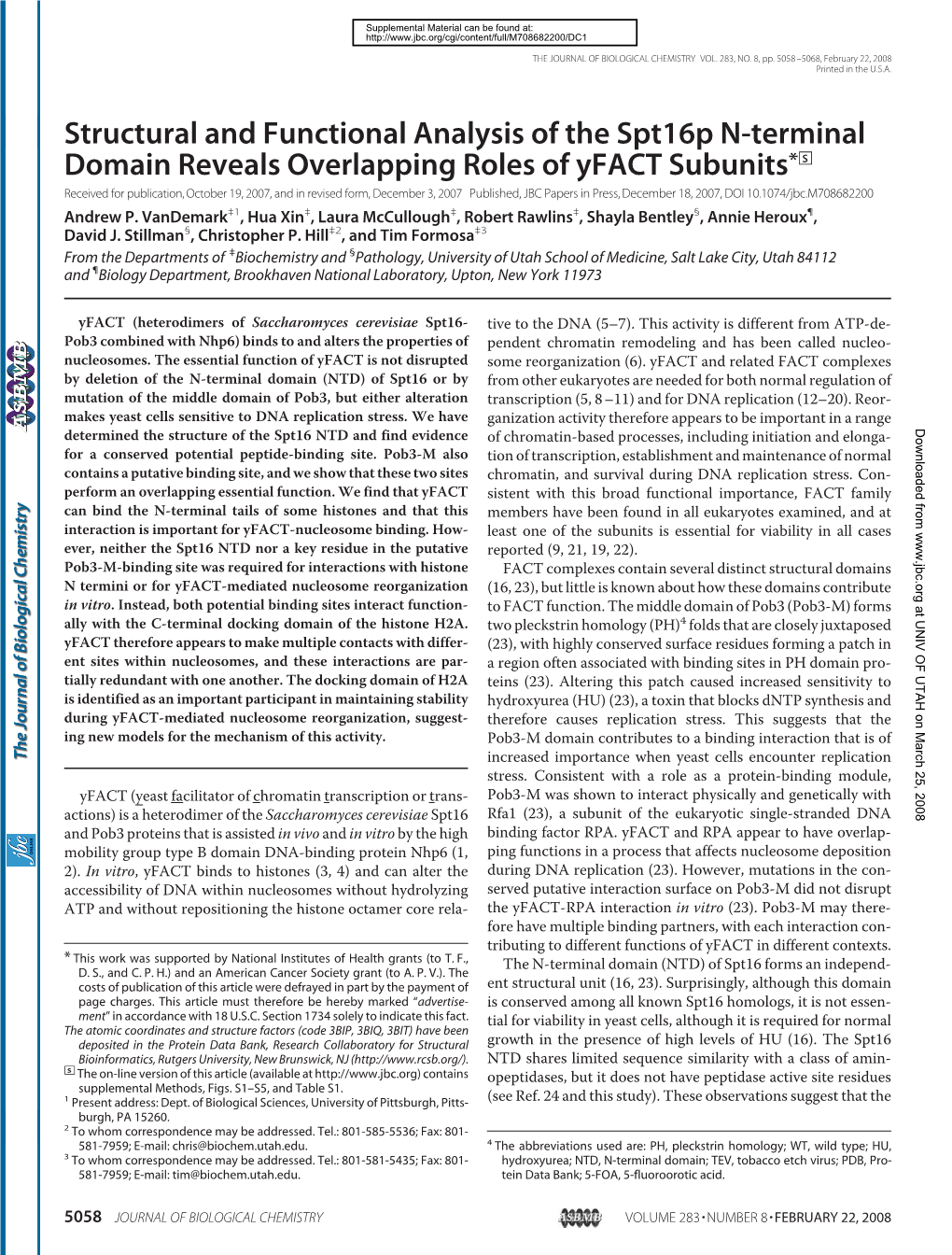 Structural and Functional Analysis of the Spt16p N-Terminal Domain