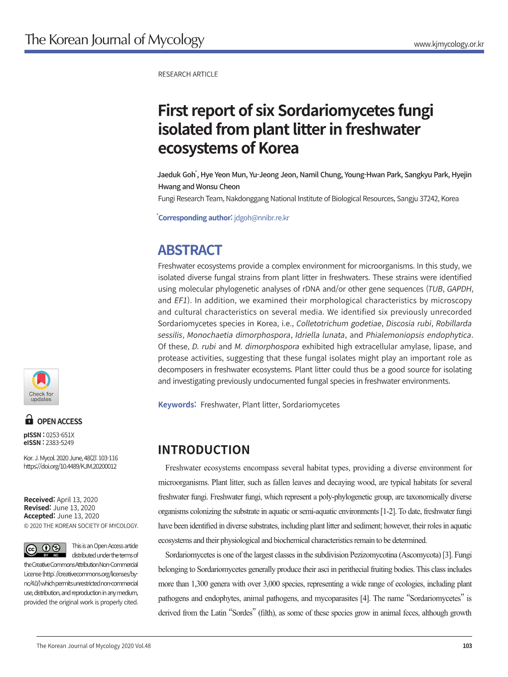 First Report of Six Sordariomycetes Fungi Isolated from Plant Litter in Freshwater Ecosystems of Korea