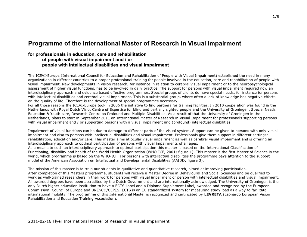 Programme of the International Master of Research in Visual Impairment