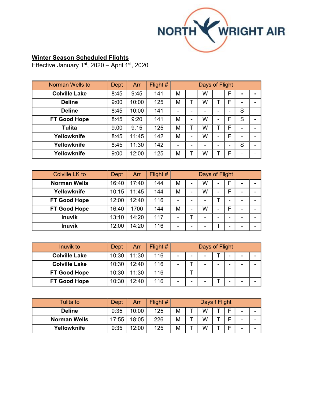 Winter Season Scheduled Flights Effective January 1St, 2020 – April 1St, 2020