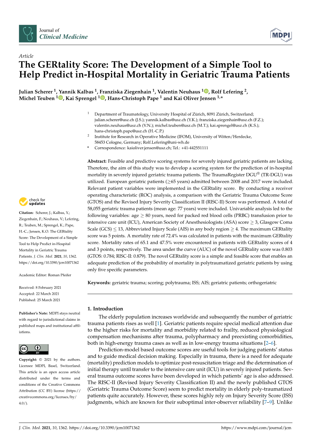 The Gertality Score: the Development of a Simple Tool to Help Predict In-Hospital Mortality in Geriatric Trauma Patients