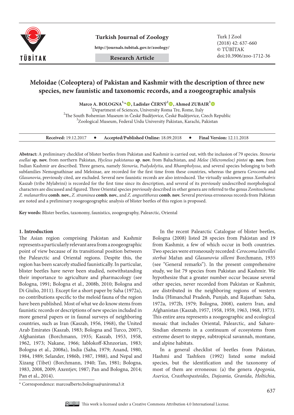 Meloidae (Coleoptera) of Pakistan and Kashmir with the Description of Three New Species, New Faunistic and Taxonomic Records, and a Zoogeographic Analysis