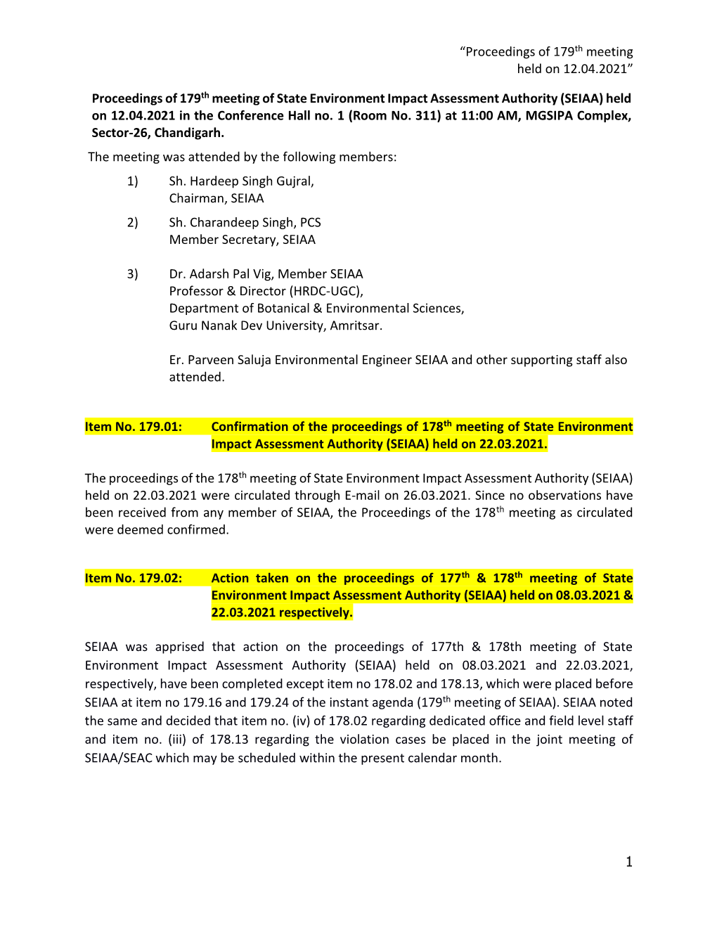 Proceedings of 179Th Meeting Held on 12.04.2021”