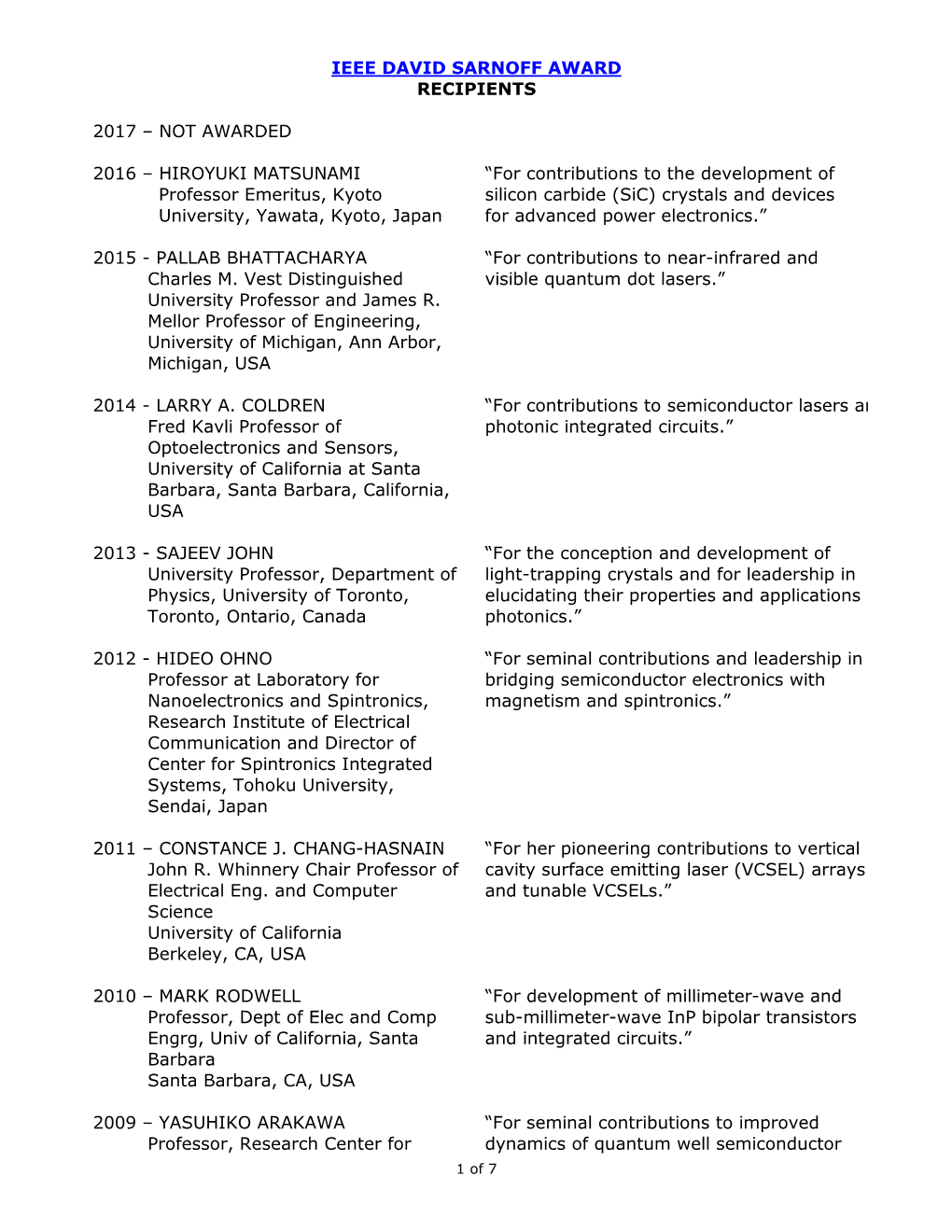 Ieee David Sarnoff Award Recipients