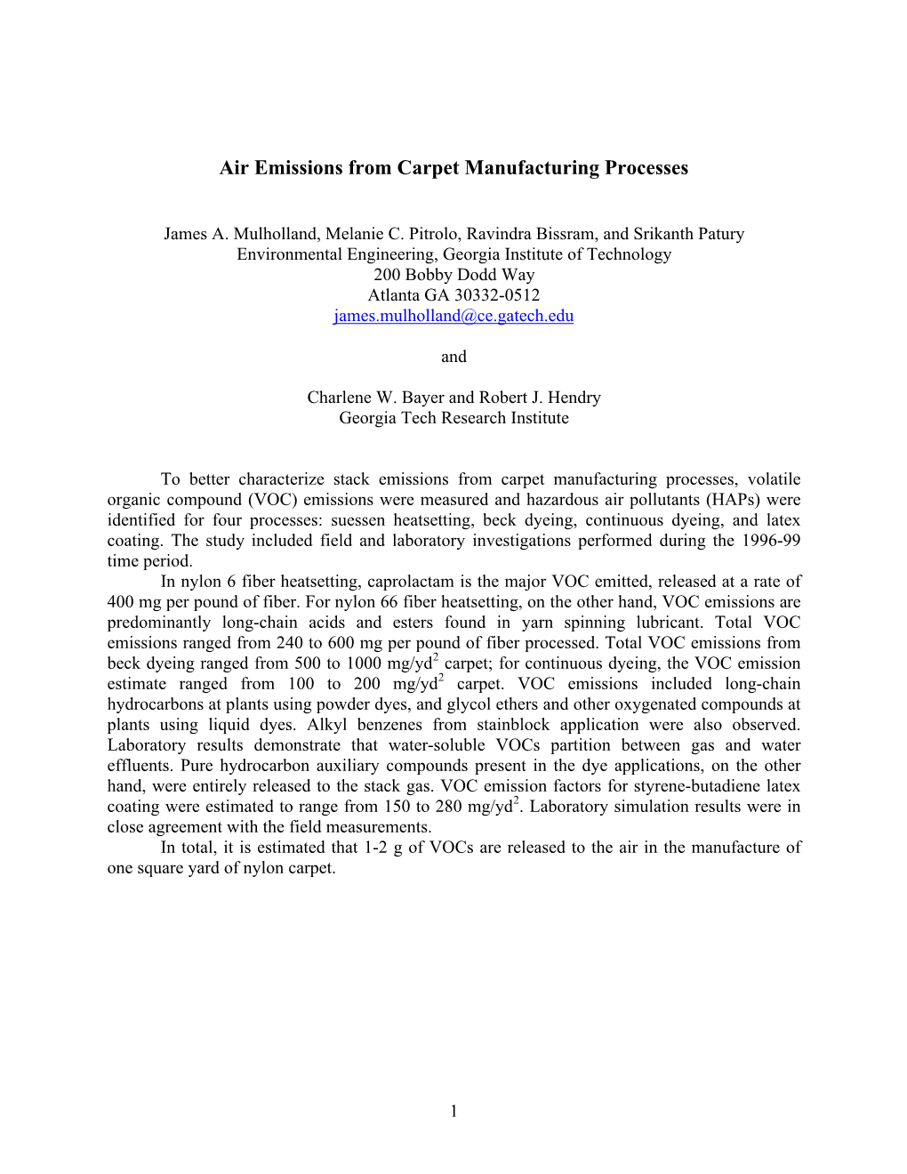 Air Emissions from Carpet Manufacturing Processes