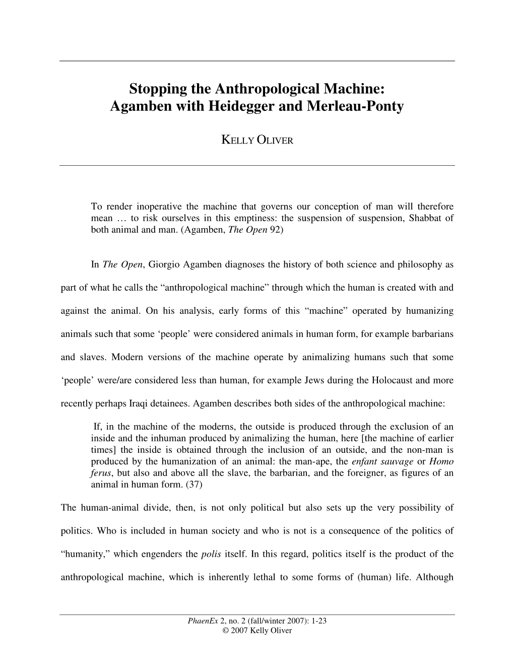 Stopping the Anthropological Machine: Agamben with Heidegger and Merleau-Ponty