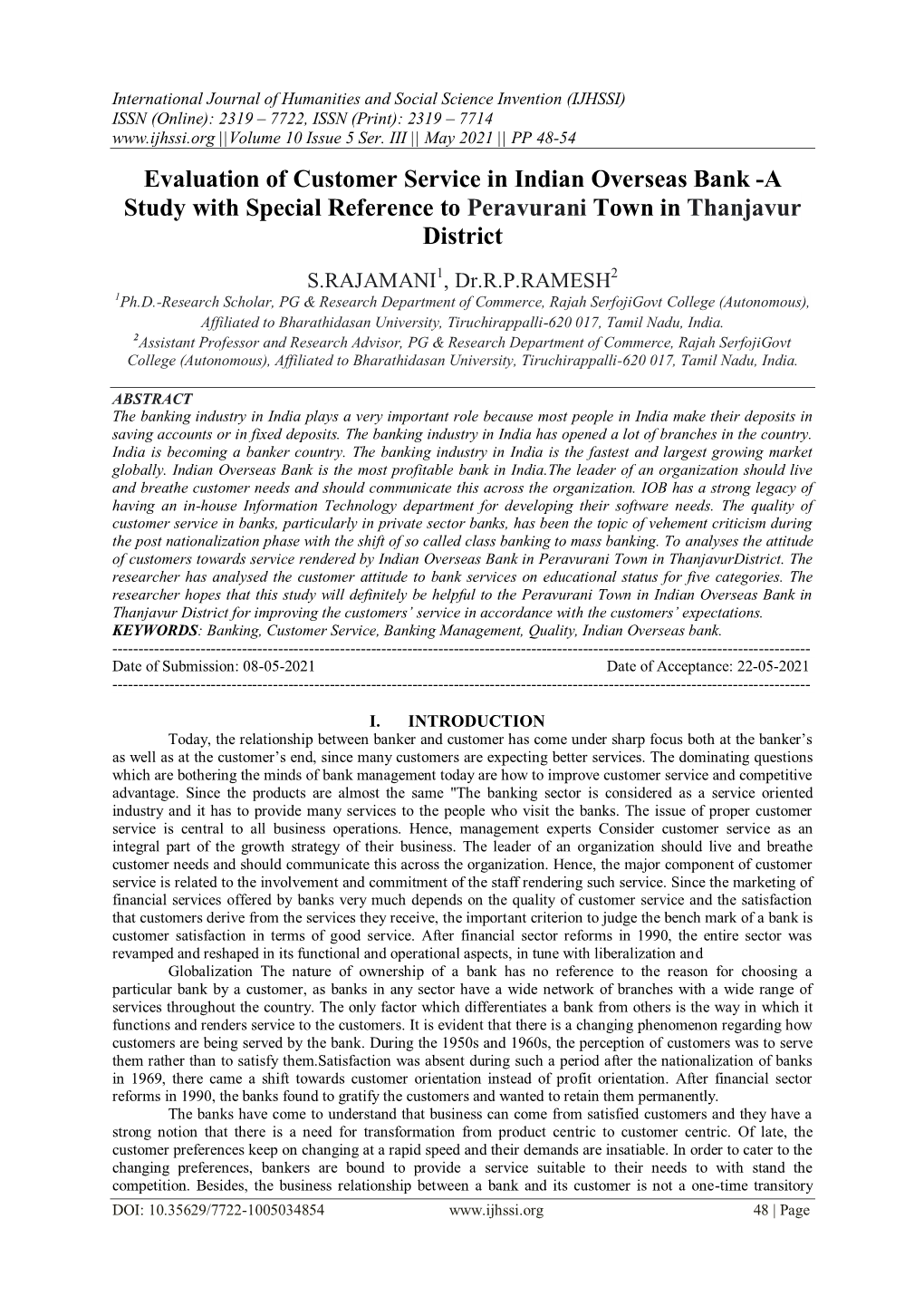 Evaluation of Customer Service in Indian Overseas Bank -A Study with Special Reference to Peravurani Town in Thanjavur District