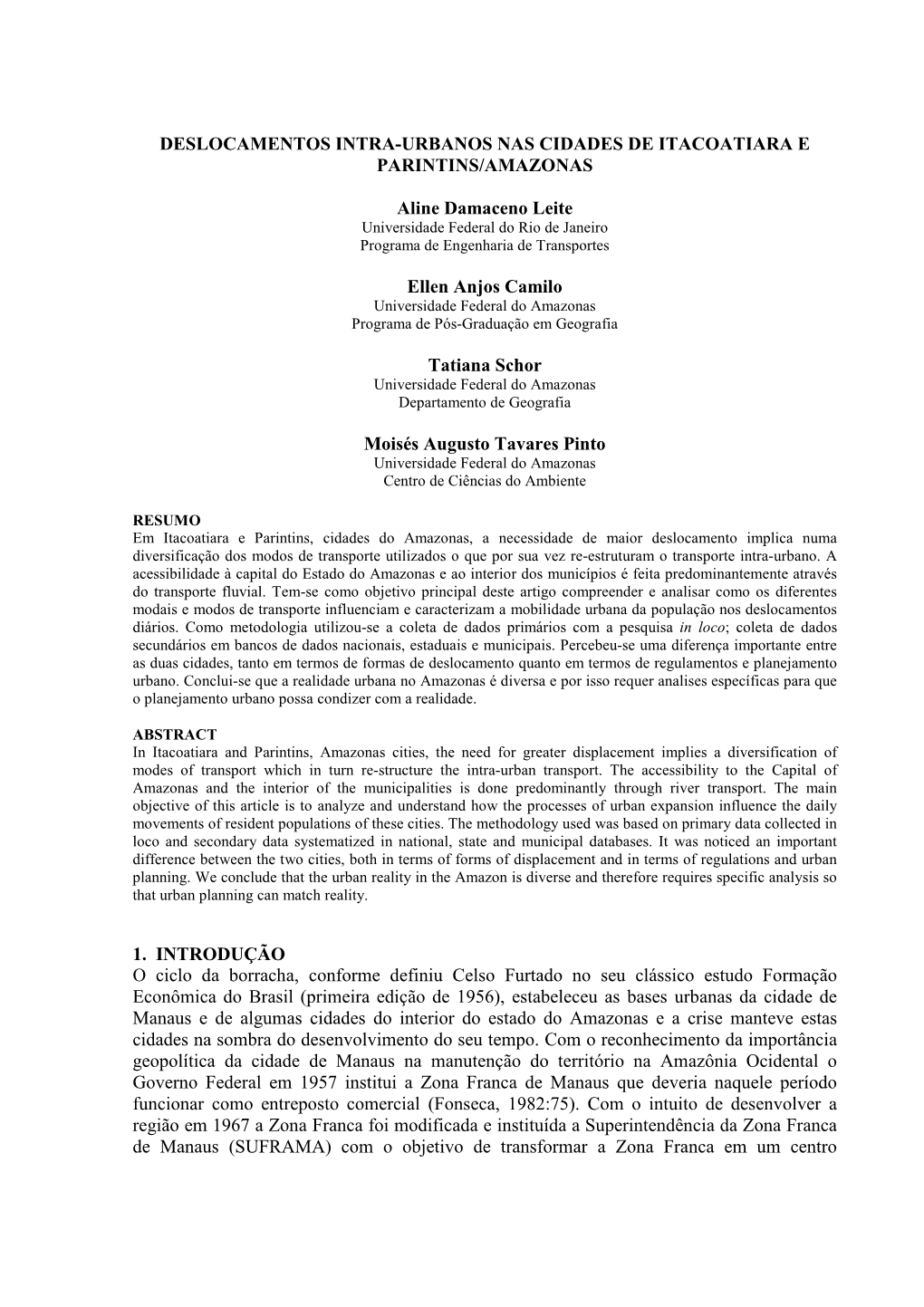 Deslocamentos Intra-Urbanos Nas Cidades De Itacoatiara E Parintins/Amazonas