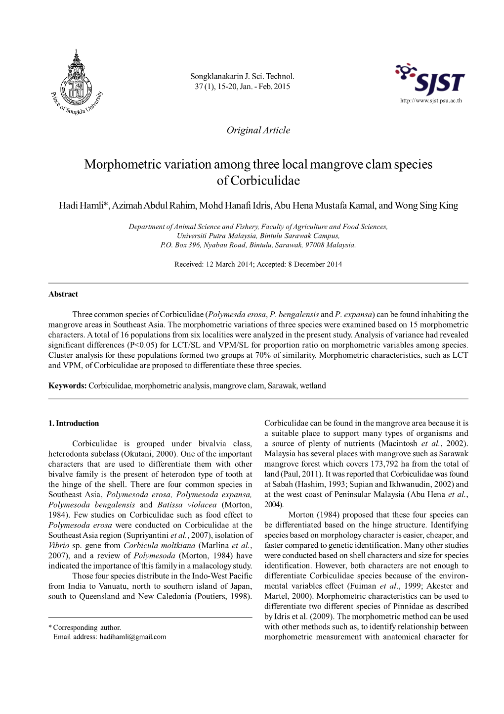 Morphometric Variation Among Three Local Mangrove Clam Species of Corbiculidae