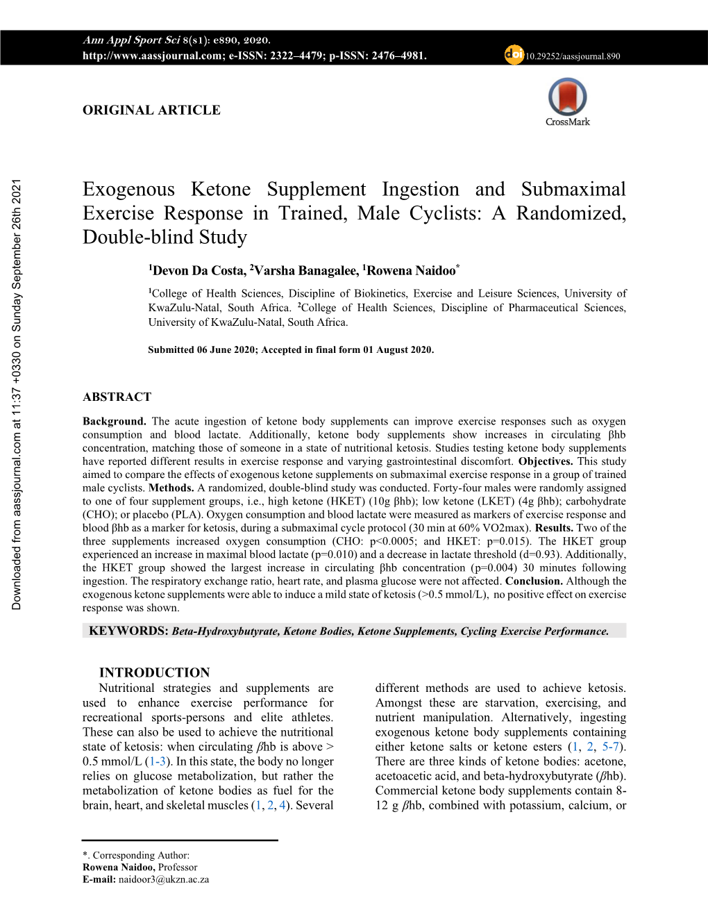 Exogenous Ketone Supplement Ingestion and Submaximal Exercise Response in Trained, Male Cyclists: a Randomized, Double-Blind Study