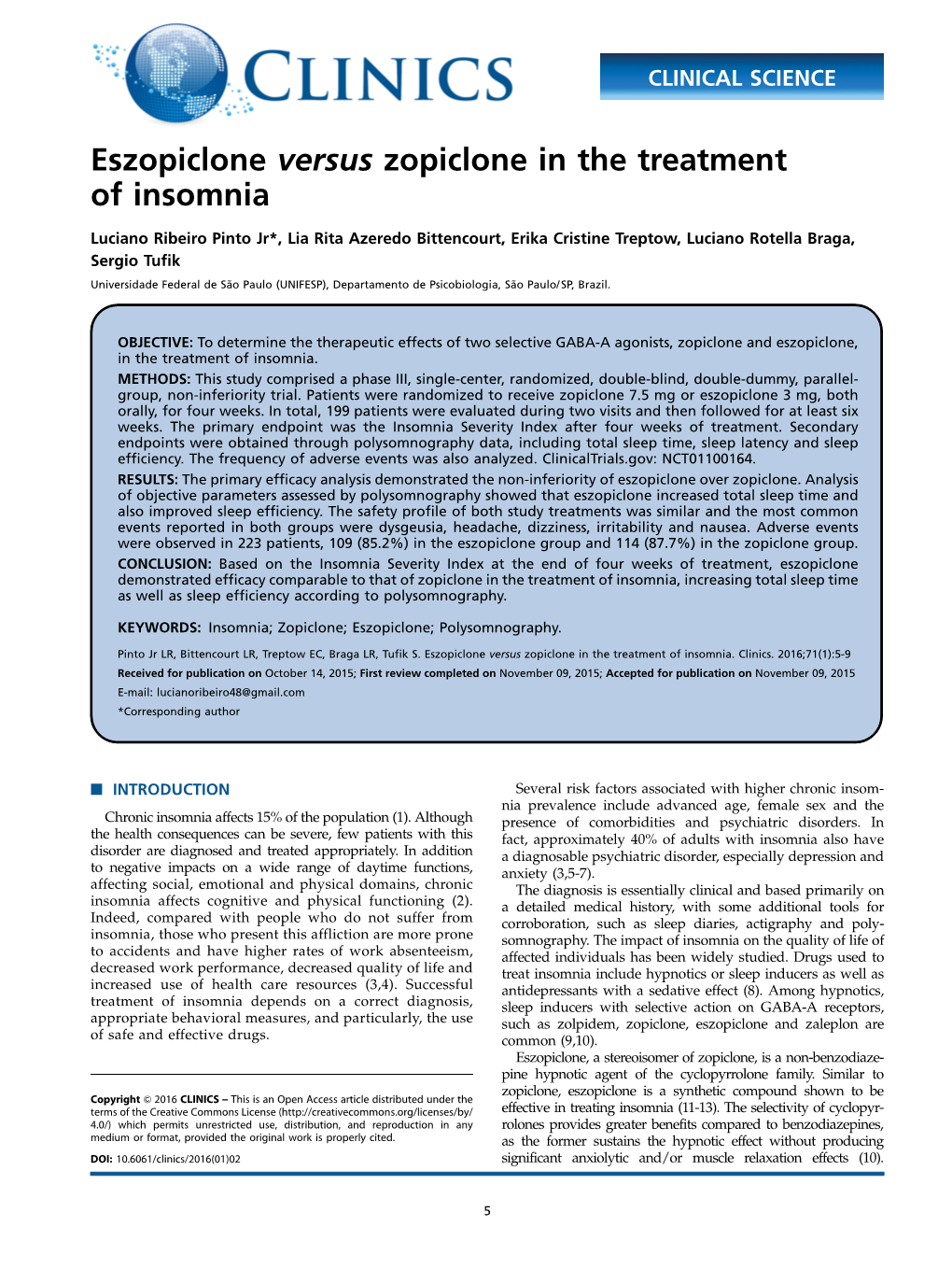 Eszopiclone Versus Zopiclone in the Treatment of Insomnia