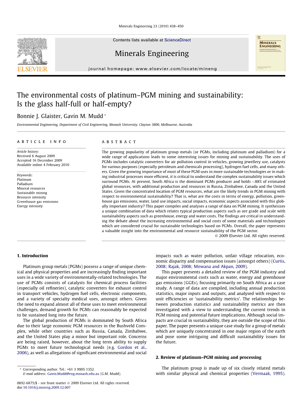 The Environmental Costs of Platinum–PGM Mining and Sustainability: Is the Glass Half-Full Or Half-Empty?