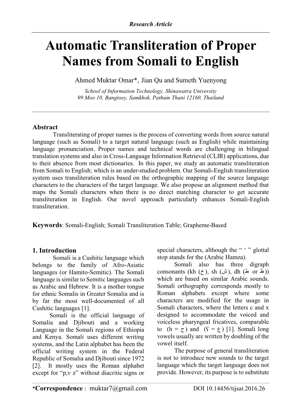 Automatic Transliteration of Proper Names from Somali to English