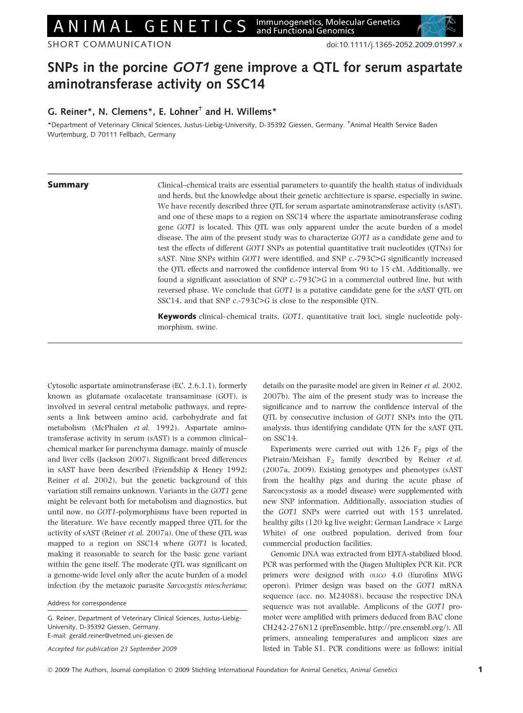 Snps in the Porcine GOT1 Gene Improve a QTL for Serum Aspartate Aminotransferase Activity on SSC14