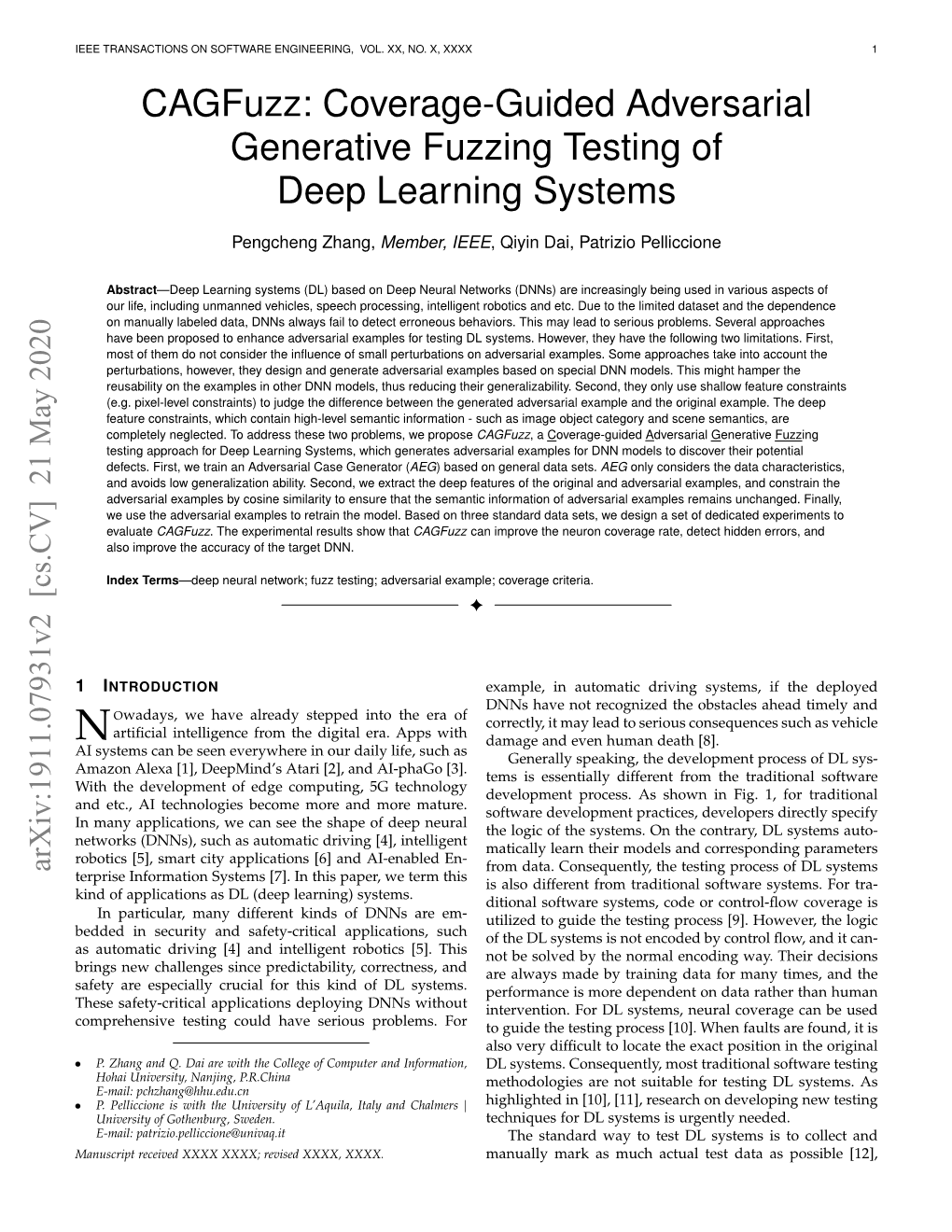 Coverage-Guided Adversarial Generative Fuzzing Testing of Deep Learning Systems