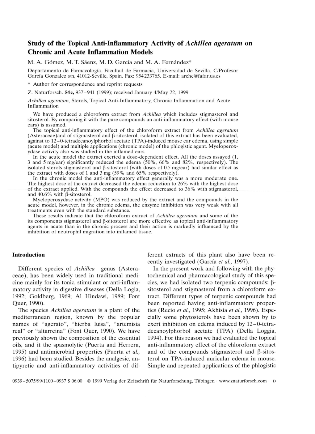 Study of the Topical Anti-Inflammatory Activity of Achillea