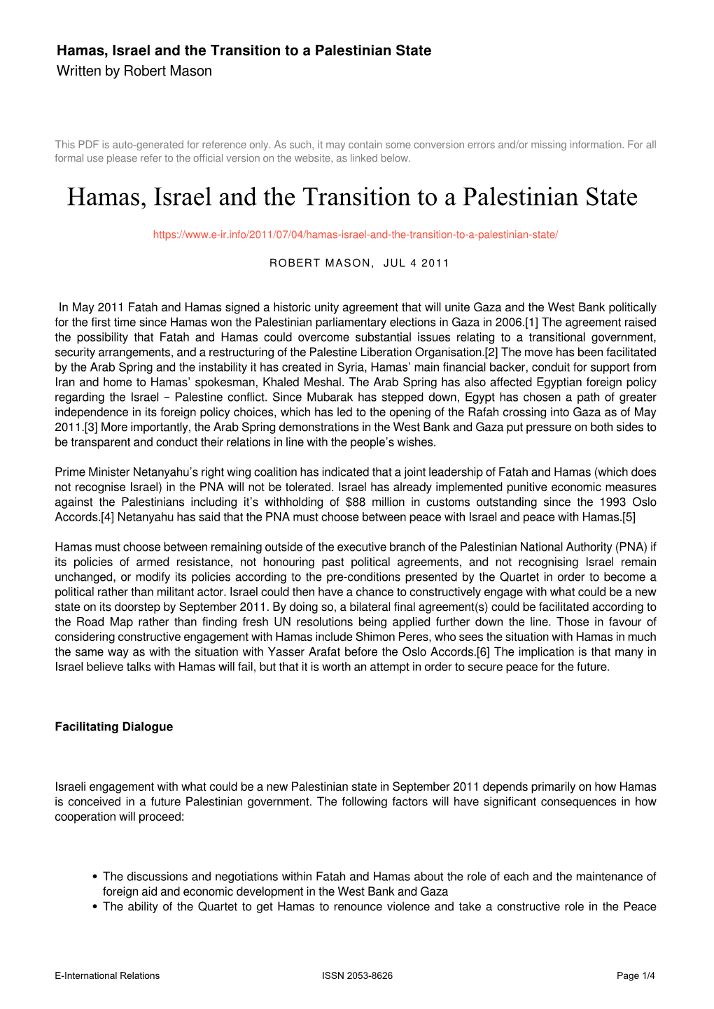 Hamas, Israel and the Transition to a Palestinian State Written by Robert Mason