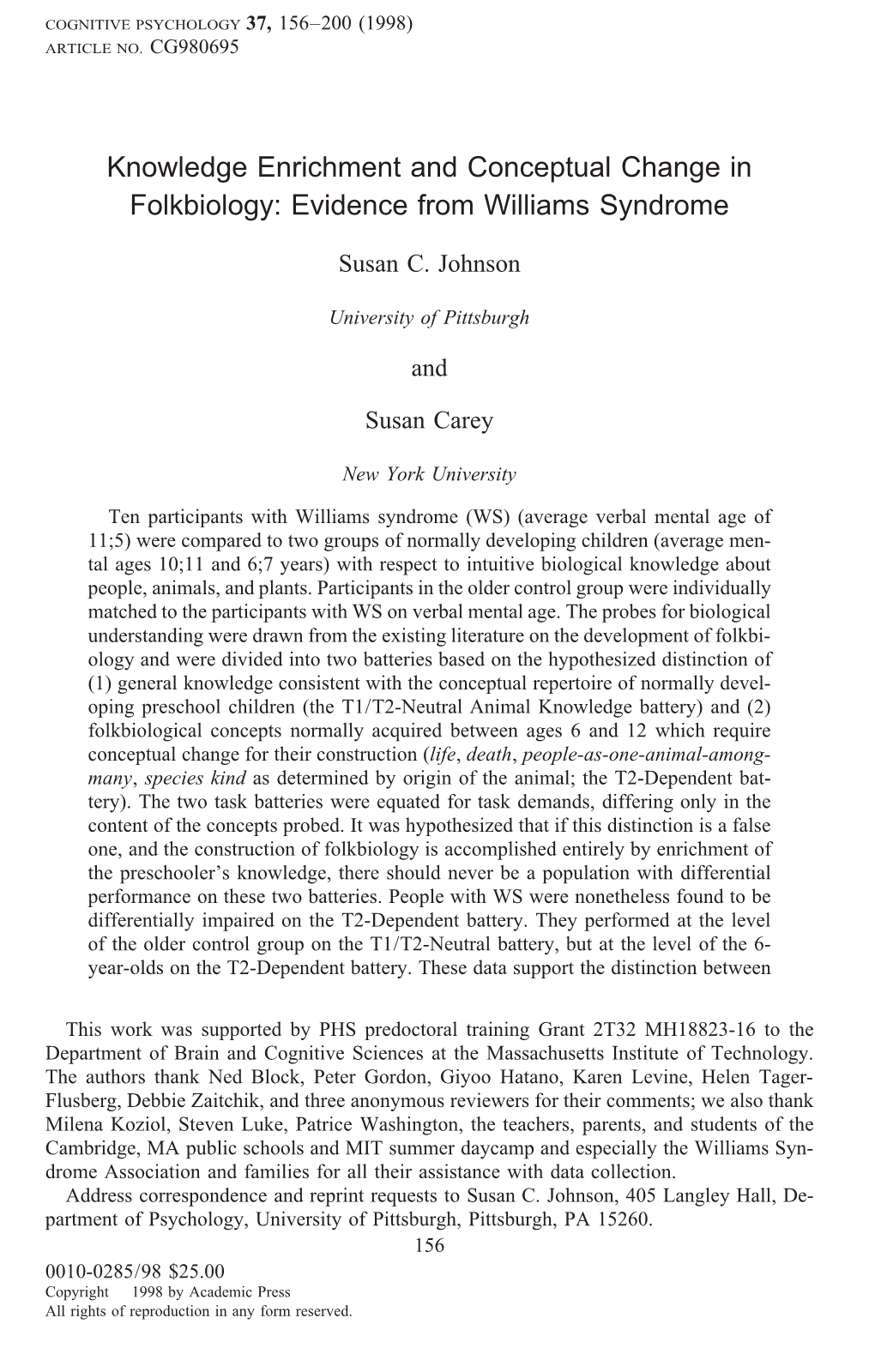 Knowledge Enrichment and Conceptual Change in Folkbiology: Evidence from Williams Syndrome