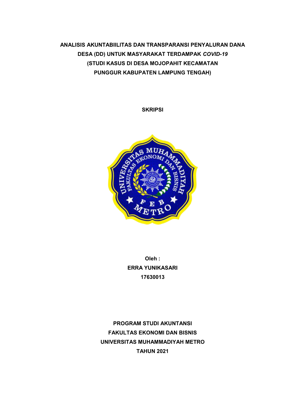 Dd) Untuk Masyarakat Terdampak Covid-19 (Studi Kasus Di Desa Mojopahit Kecamatan Punggur Kabupaten Lampung Tengah