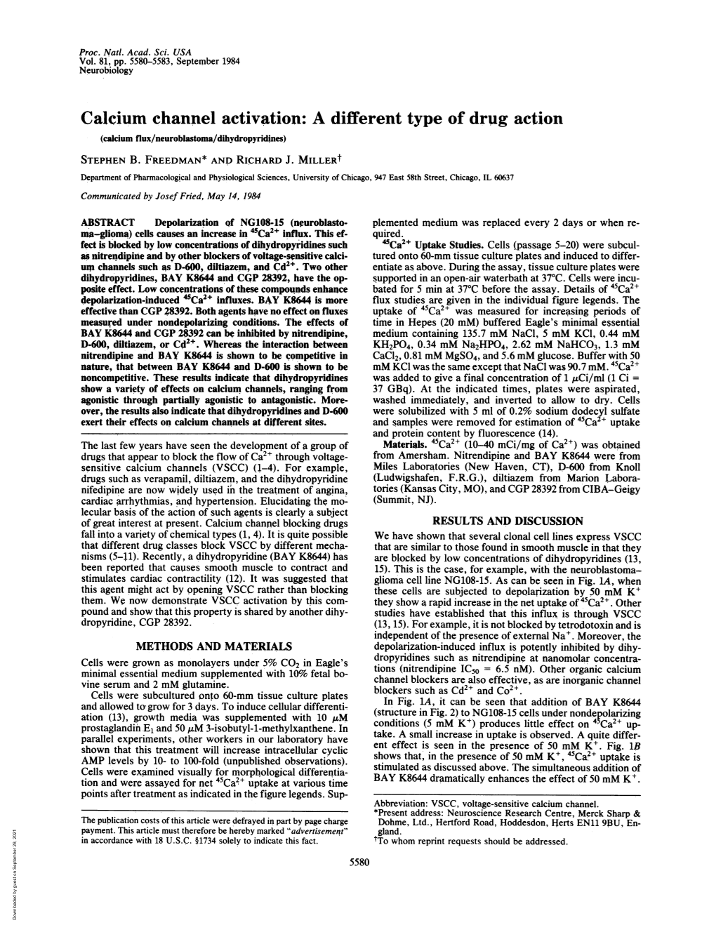 Calcium Channel Activation: a Different Type of Drug Action (Calcium Flux/Neuroblastoma/Dihydropyridines) STEPHEN B