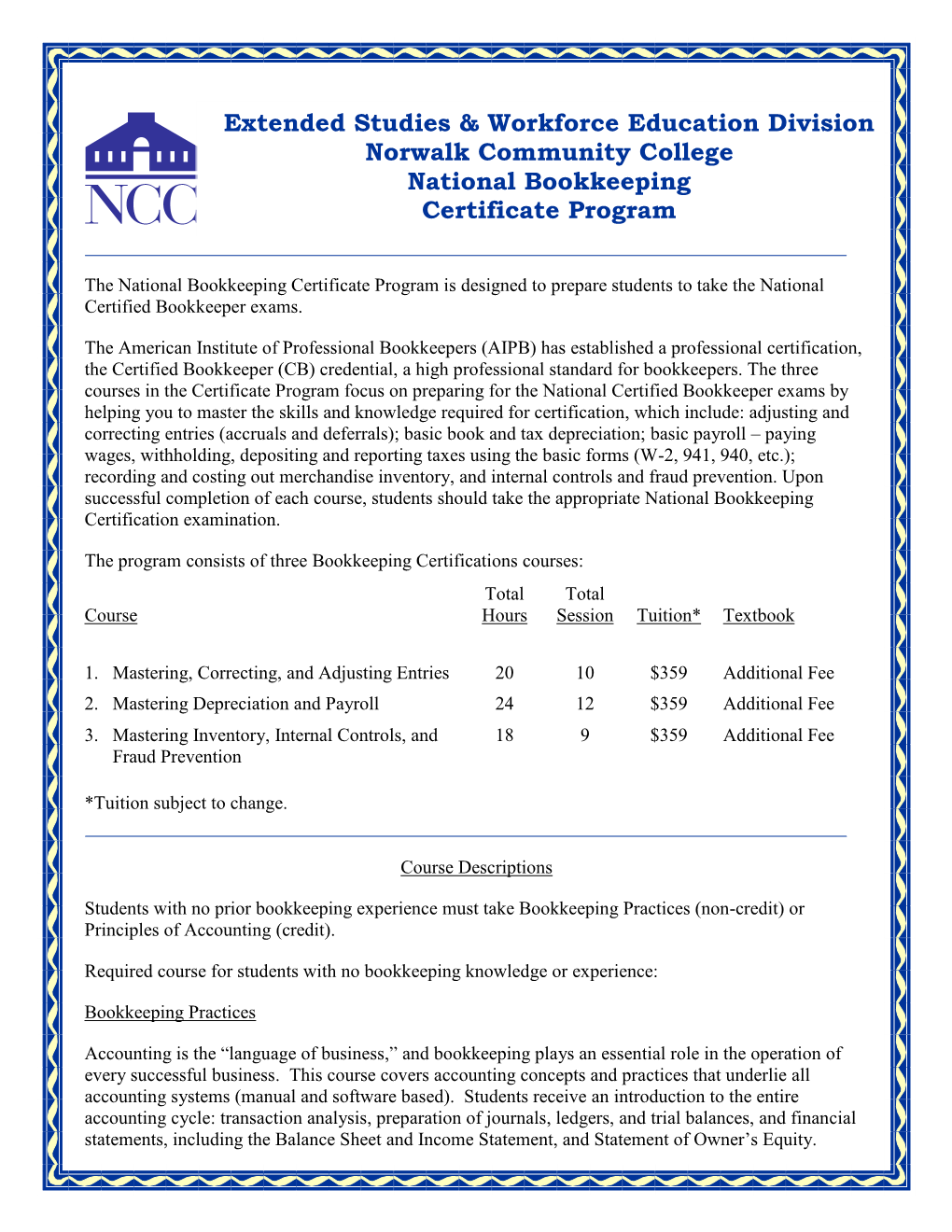 Extended Studies & Workforce Education Division Norwalk Community College National Bookkeeping Certificate Program