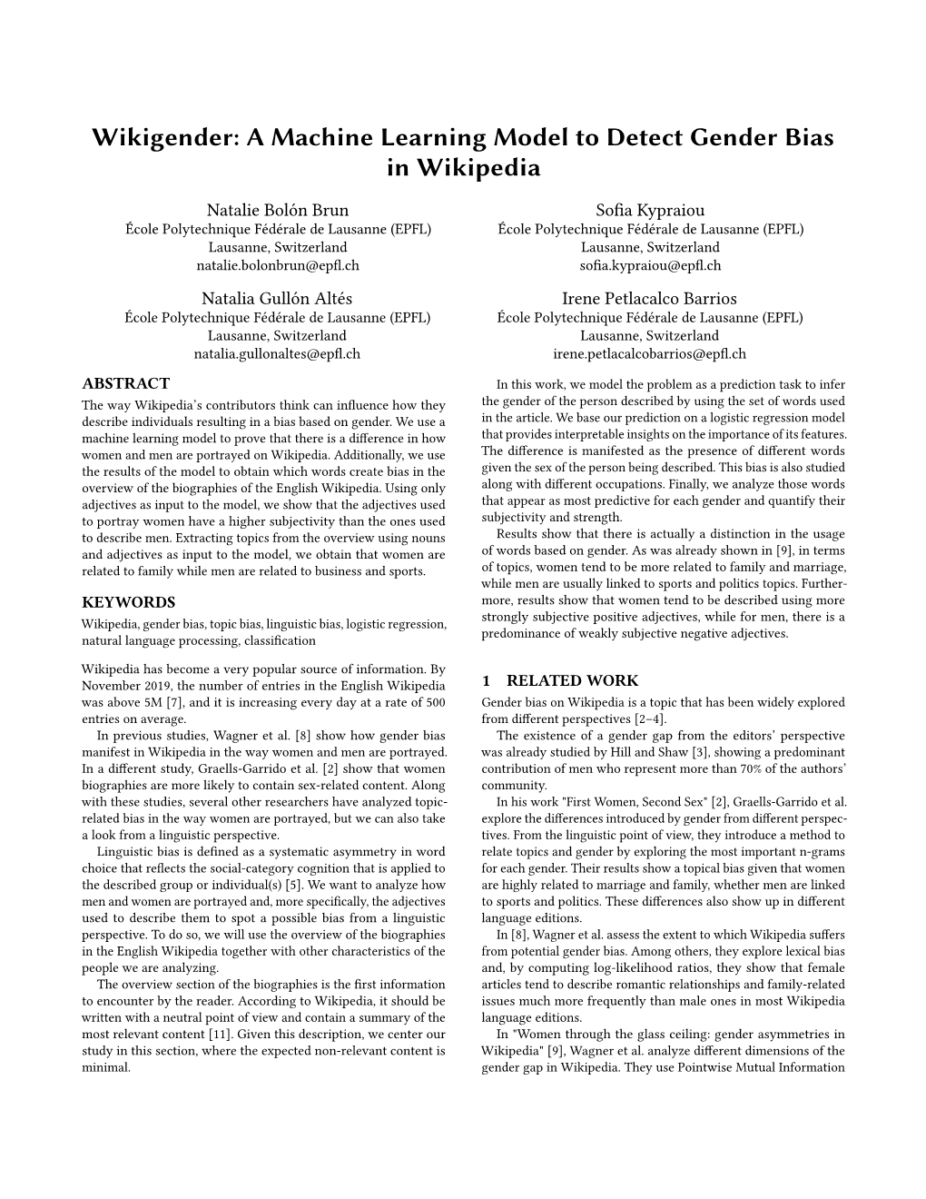 A Machine Learning Model to Detect Gender Bias in Wikipedia