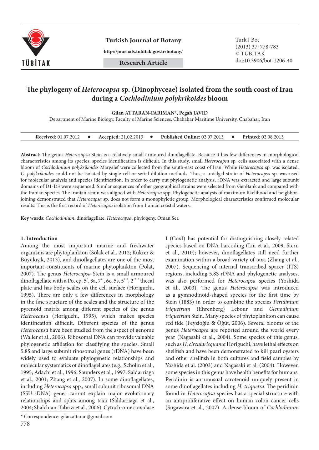 The Phylogeny of Heterocapsa Sp. (Dinophyceae) Isolated from the South Coast of Iran During a Cochlodinium Polykrikoides Bloom