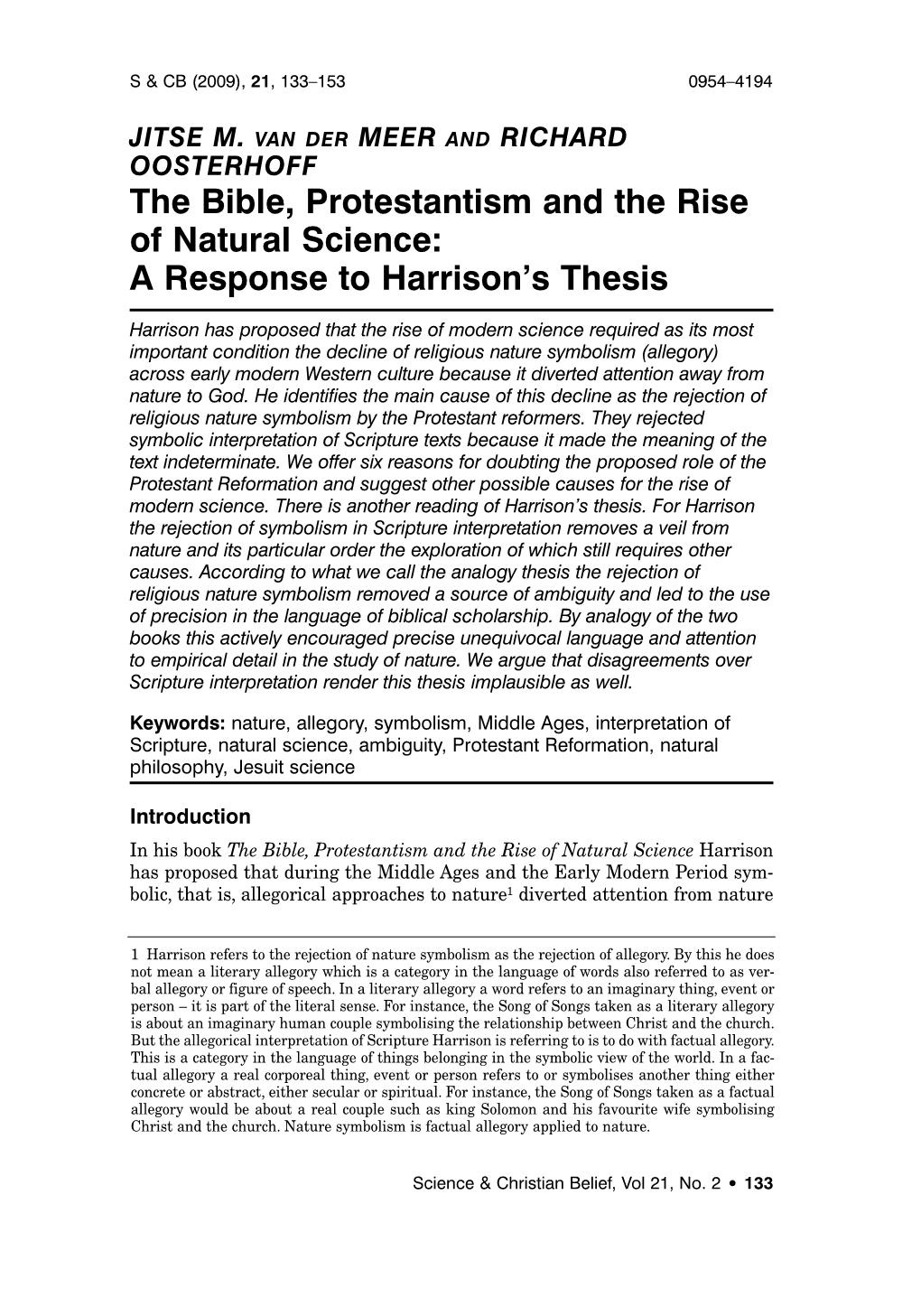 The Bible, Protestantism and the Rise of Natural Science: a Response to Harrison’S Thesis