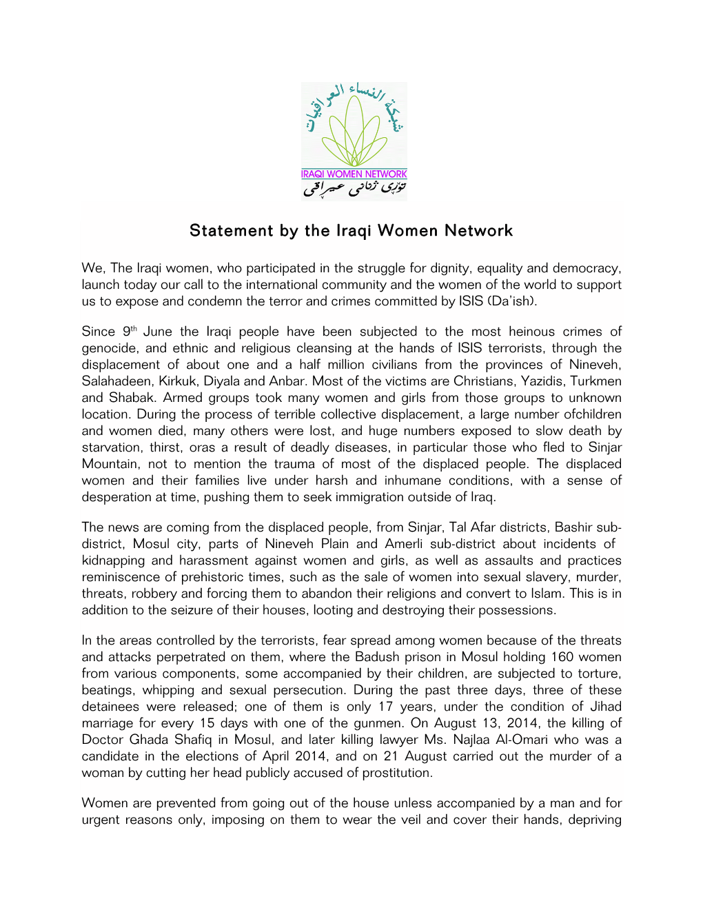 Statement by the Iraqi Women Network