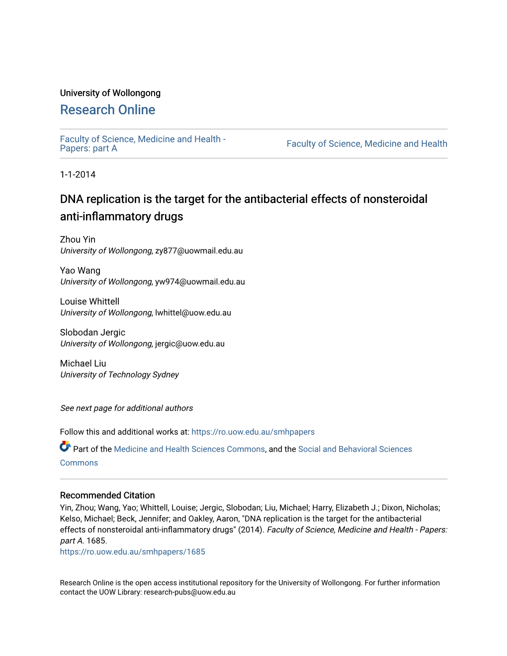 DNA Replication Is the Target for the Antibacterial Effects of Nonsteroidal Anti-Inflammatory Drugs