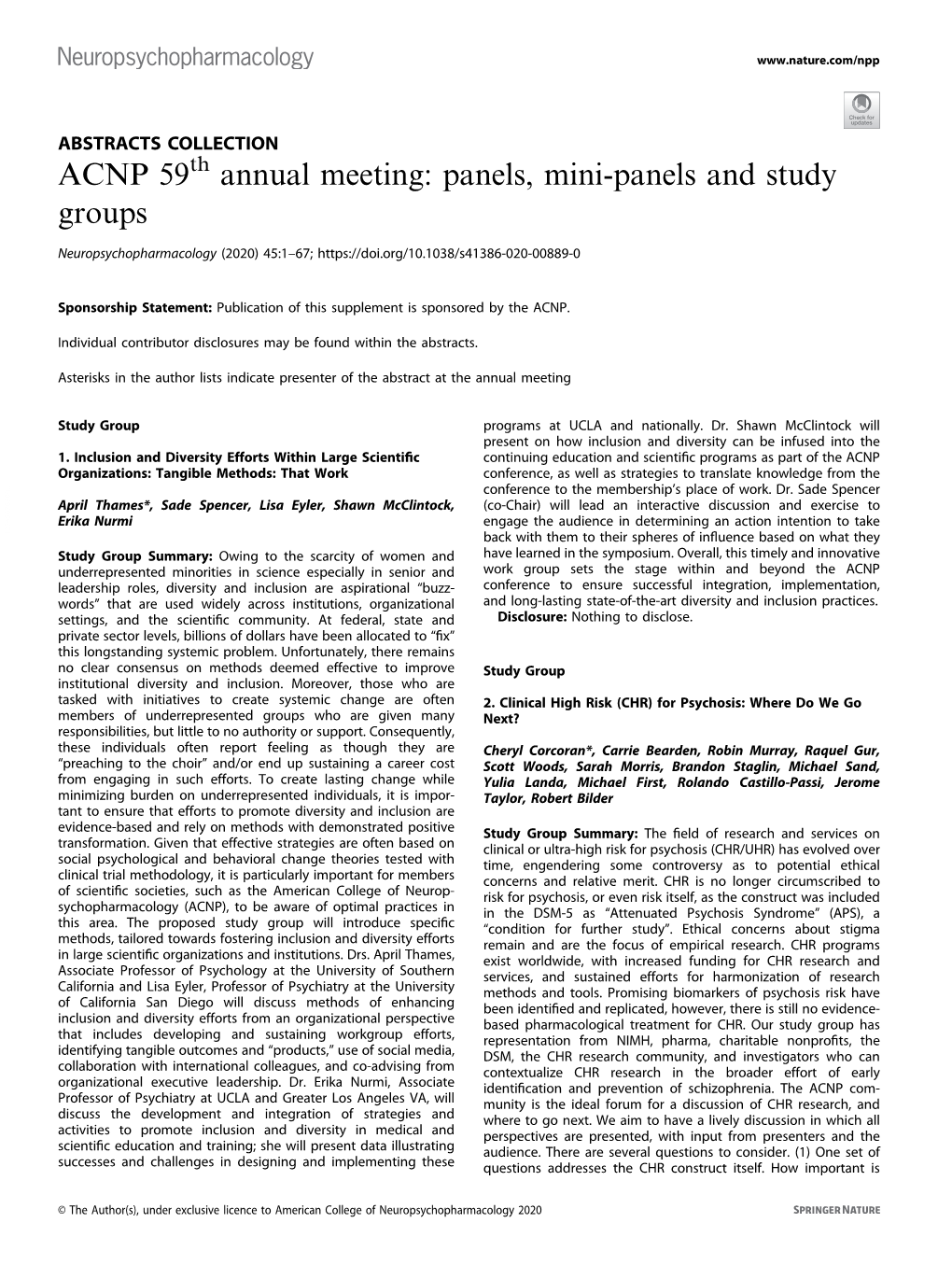 ACNP 59Th Annual Meeting: Panels, Mini-Panels and Study Groups