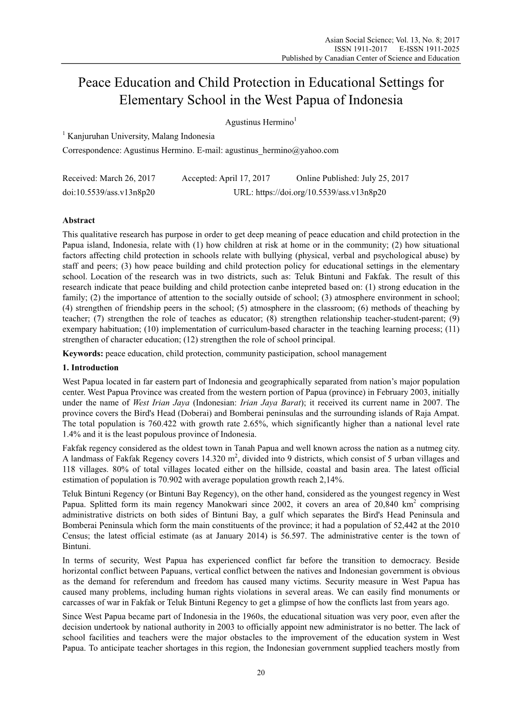 Peace Education and Child Protection in Educational Settings for Elementary School in the West Papua of Indonesia