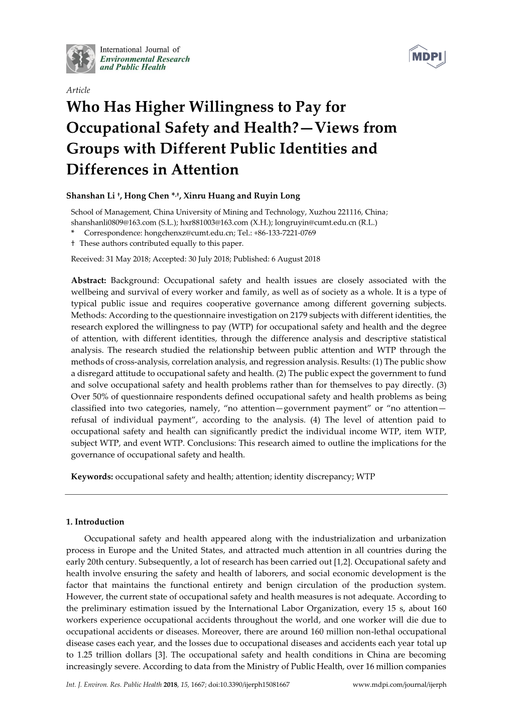 Who Has Higher Willingness to Pay for Occupational Safety and Health?—Views from Groups with Different Public Identities and Differences in Attention