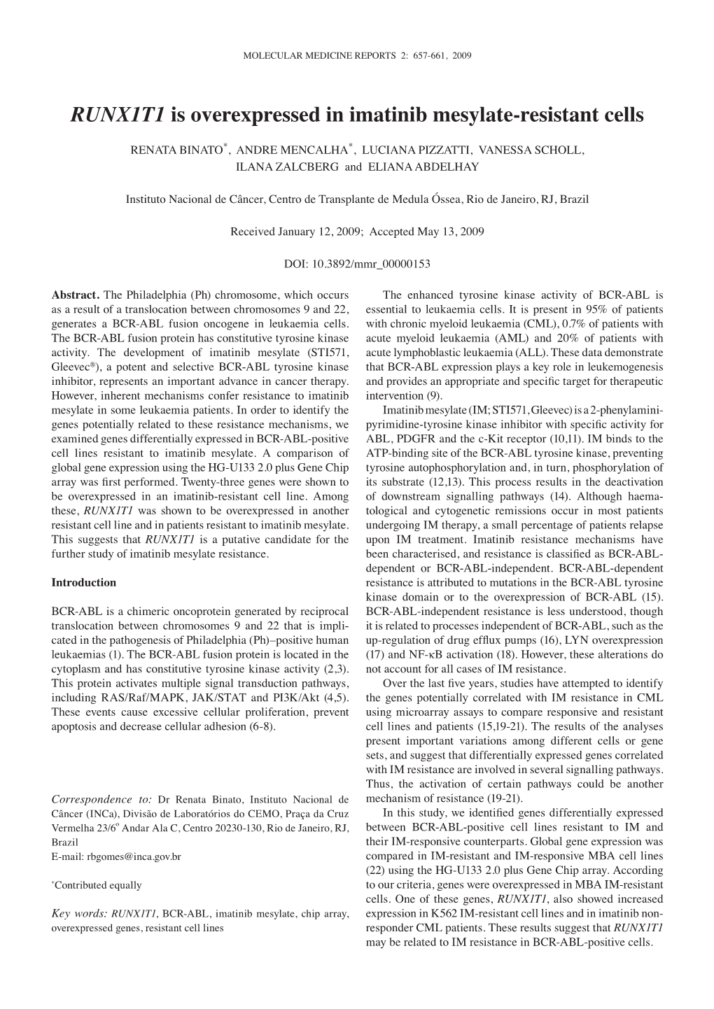 RUNX1T1 Is Overexpressed in Imatinib Mesylate-Resistant Cells