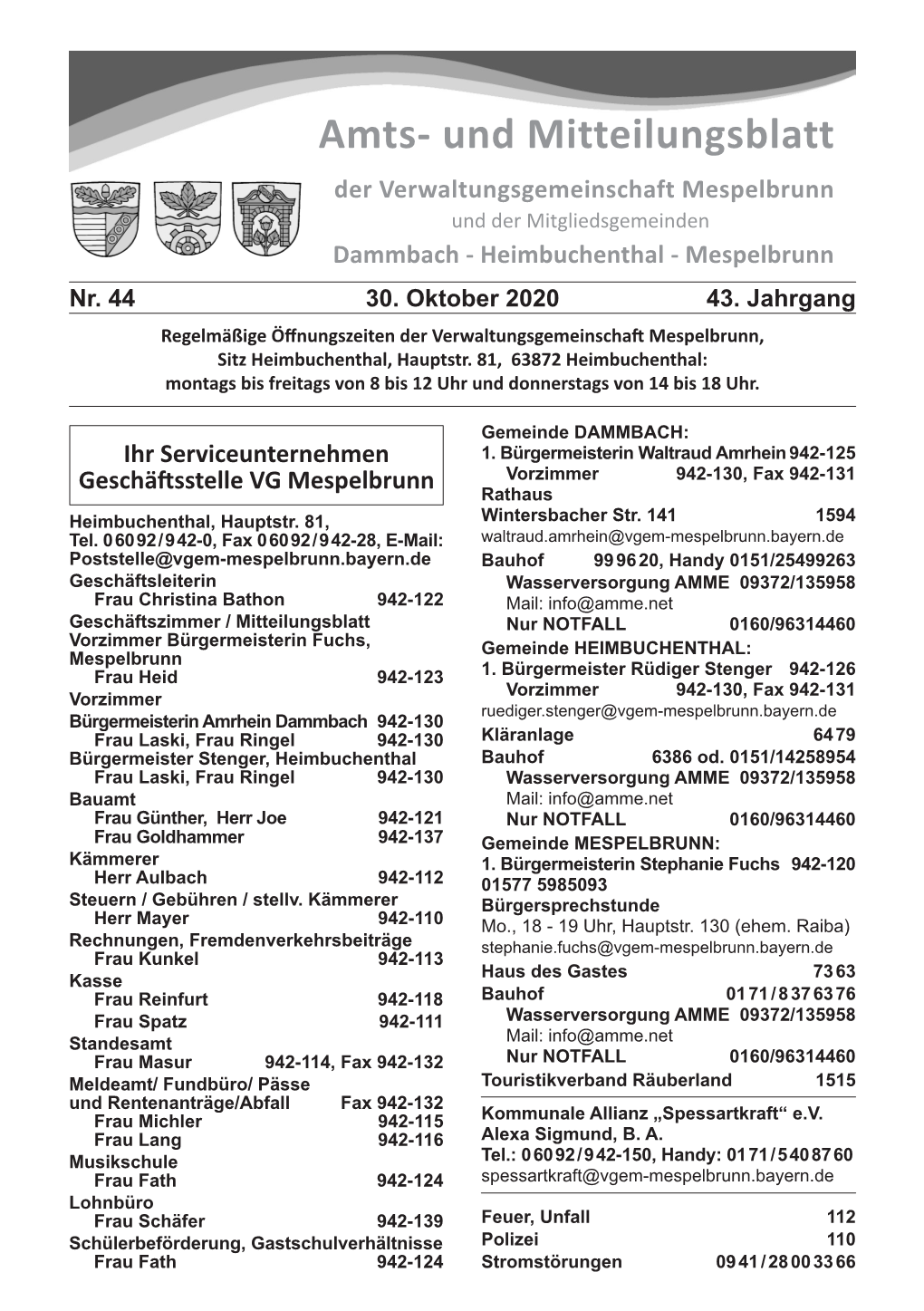 Und Mitteilungsblatt Der Verwaltungsgemeinschaft Mespelbrunn Und Der Mitgliedsgemeinden Dammbach - Heimbuchenthal - Mespelbrunn Nr